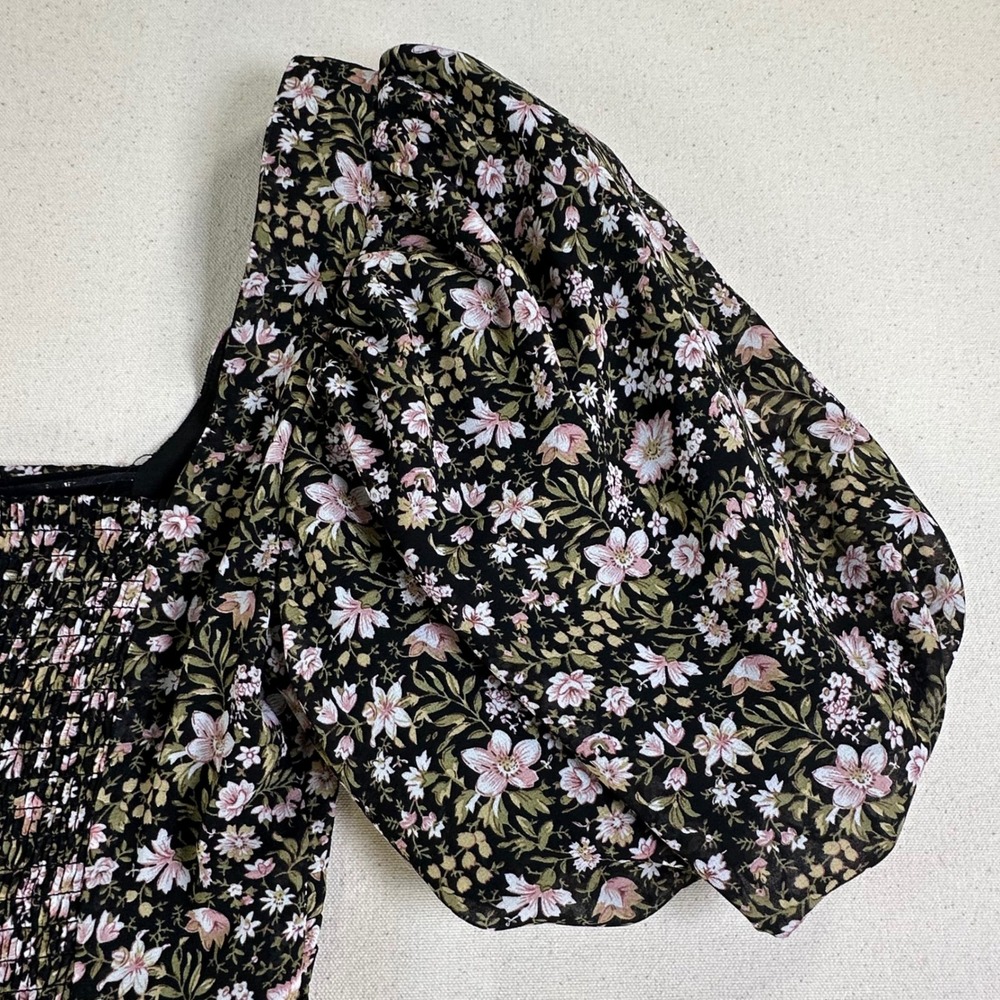 ASTR The Label Black Pink Ditsy Floral Puff Sleeve Asymmetric Midi Dress Small - Picture 4 of 12